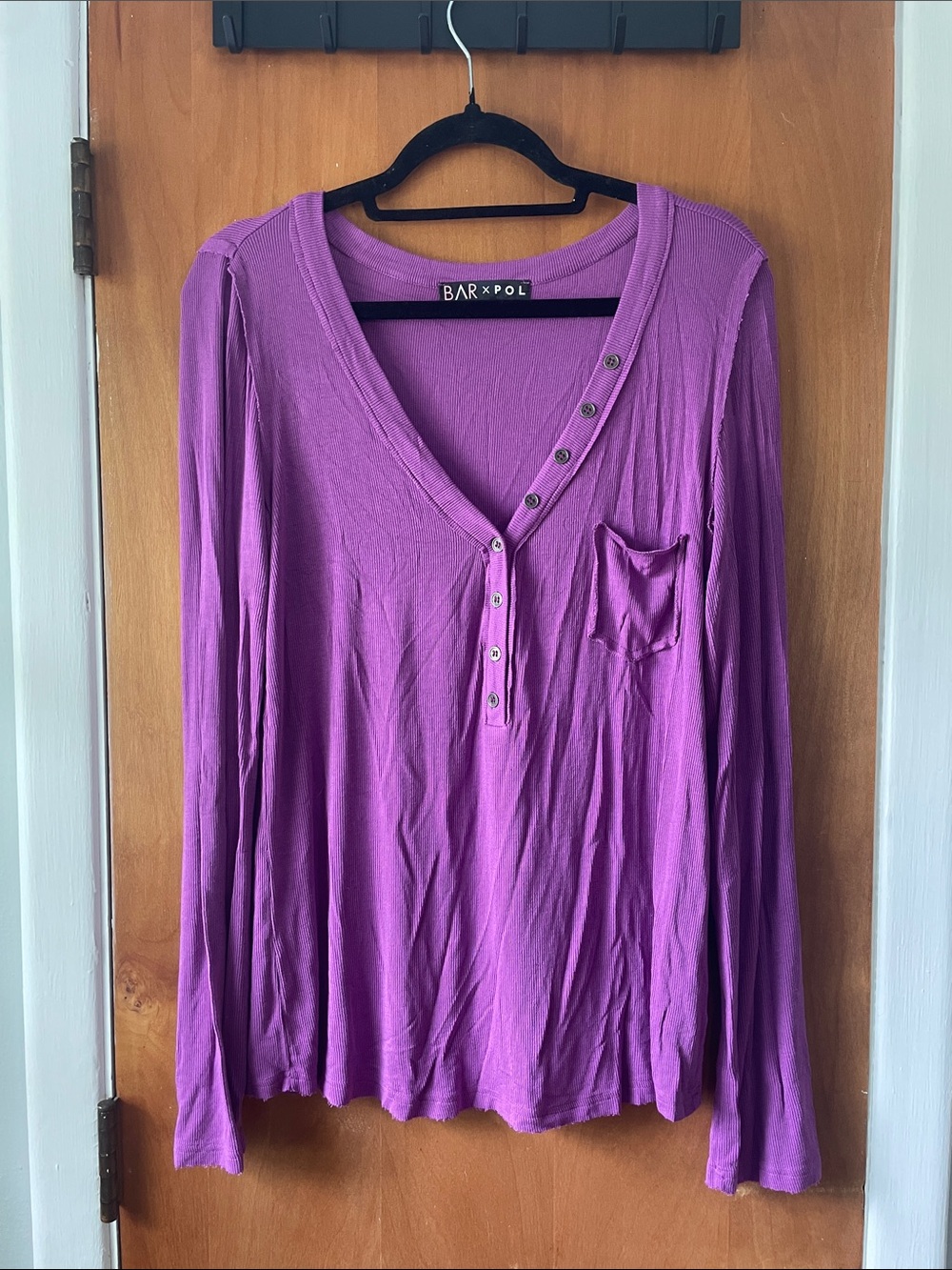 POL Long-Sleeve Henley Top in Purple
